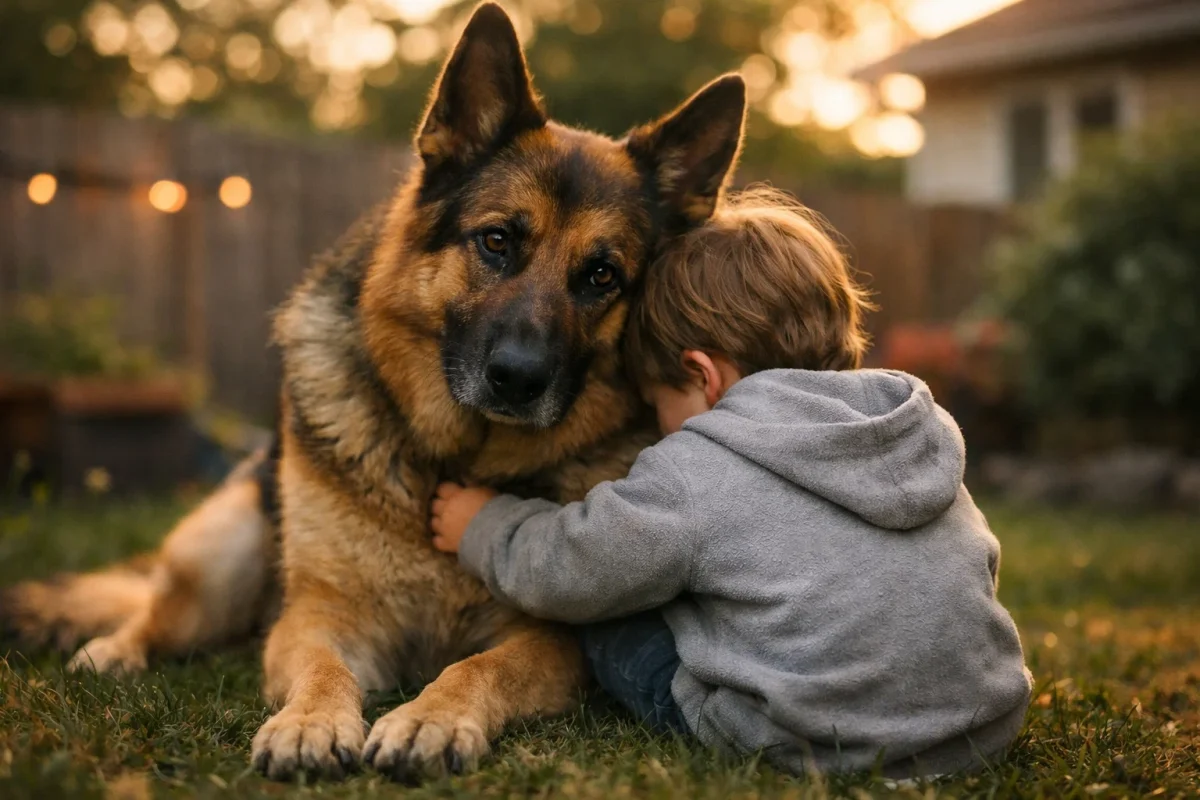 سگ ژرمن شپرد آرام در کنار کودک در محیط خانگی