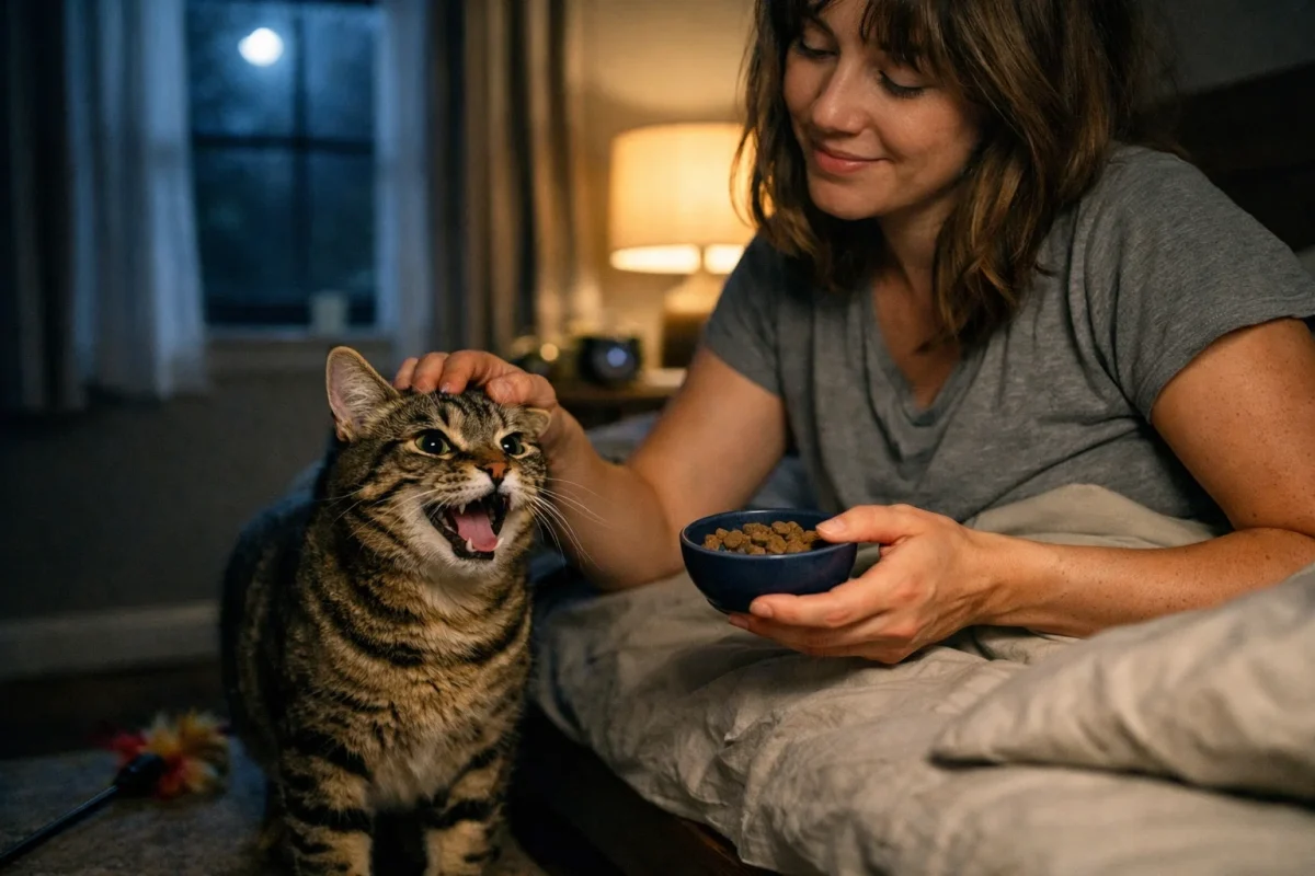 واکنش‌هایی مثل غذا دادن، بازی کردن یا نوازش در شب، به گربه یاد می‌دهد که میو میو بهترین راه جلب توجه است.