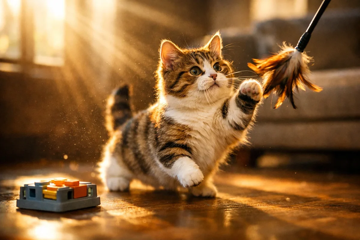 بازی و فعالیت ذهنی برای گربه مانچکین با اسباب‌بازی تعاملی و پازلی