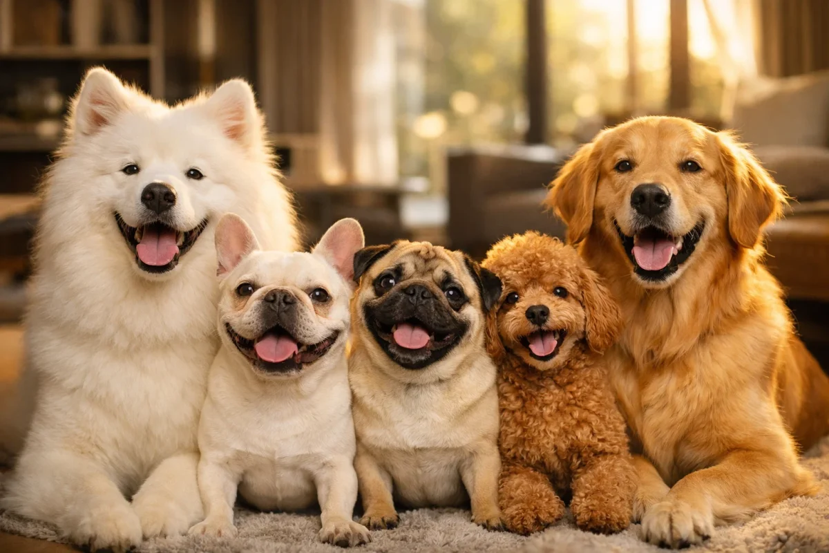 خنده سگ در چند نژاد مختلف مانند ساموید فرنچ بولداگ پاگ و پودل در حالت خوشحالی
