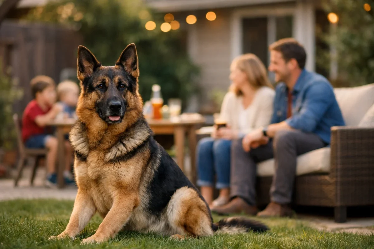 سگ شپرد در کنار خانواده در حالت مراقب
