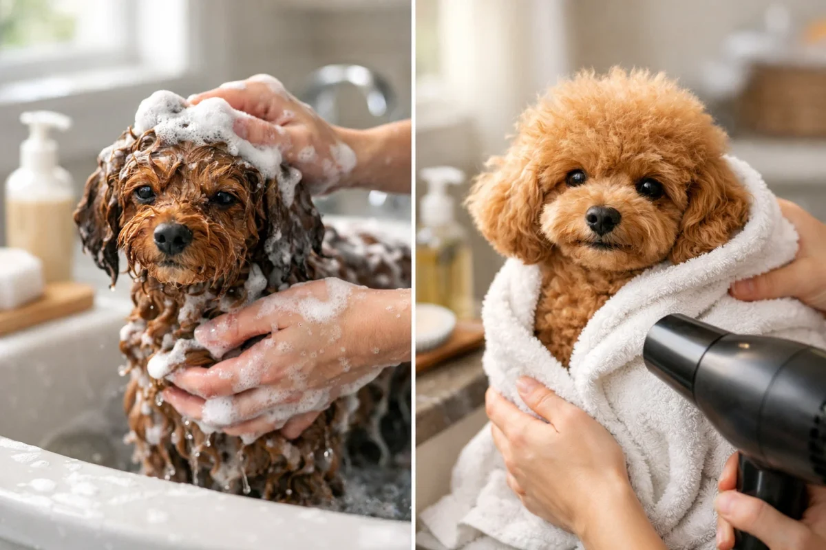 حمام و شانه‌کردن موی سگ پودل در خانه