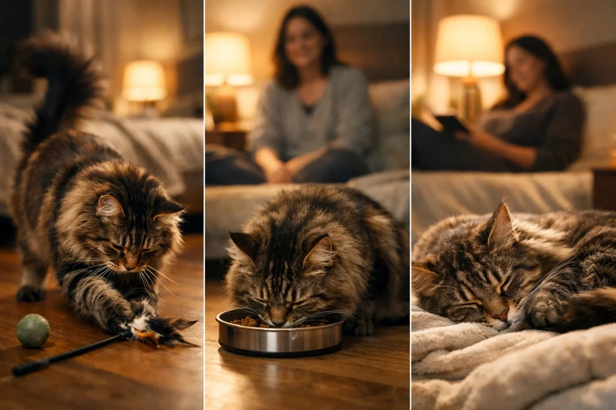 یک روتین ثابت شامل بازی، غذا و آرام‌سازی، به گربه کمک می‌کند شب‌ها راحت‌تر بخوابد.