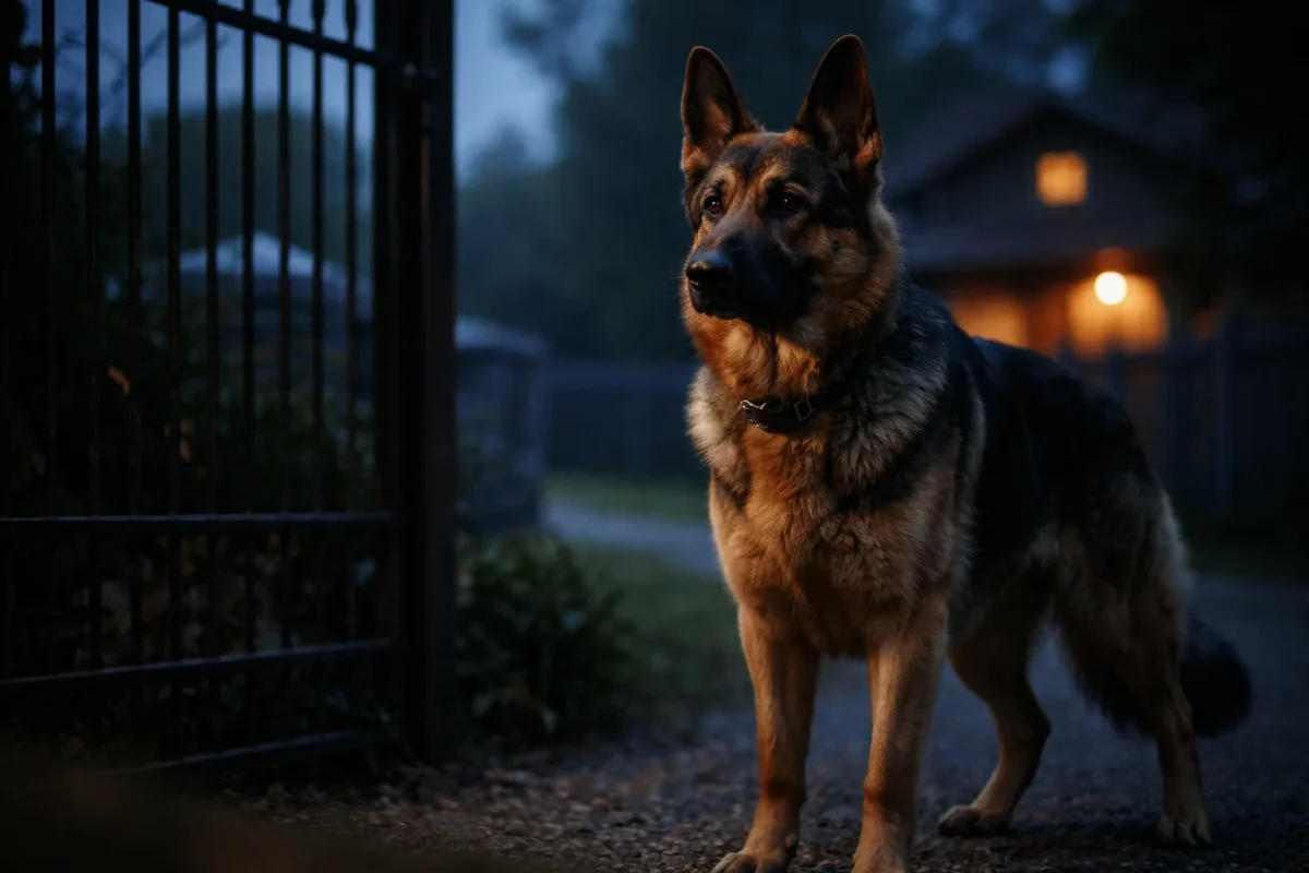 ژرمن شپرد ورک لاین در حال نگهبانی از حیاط خانه