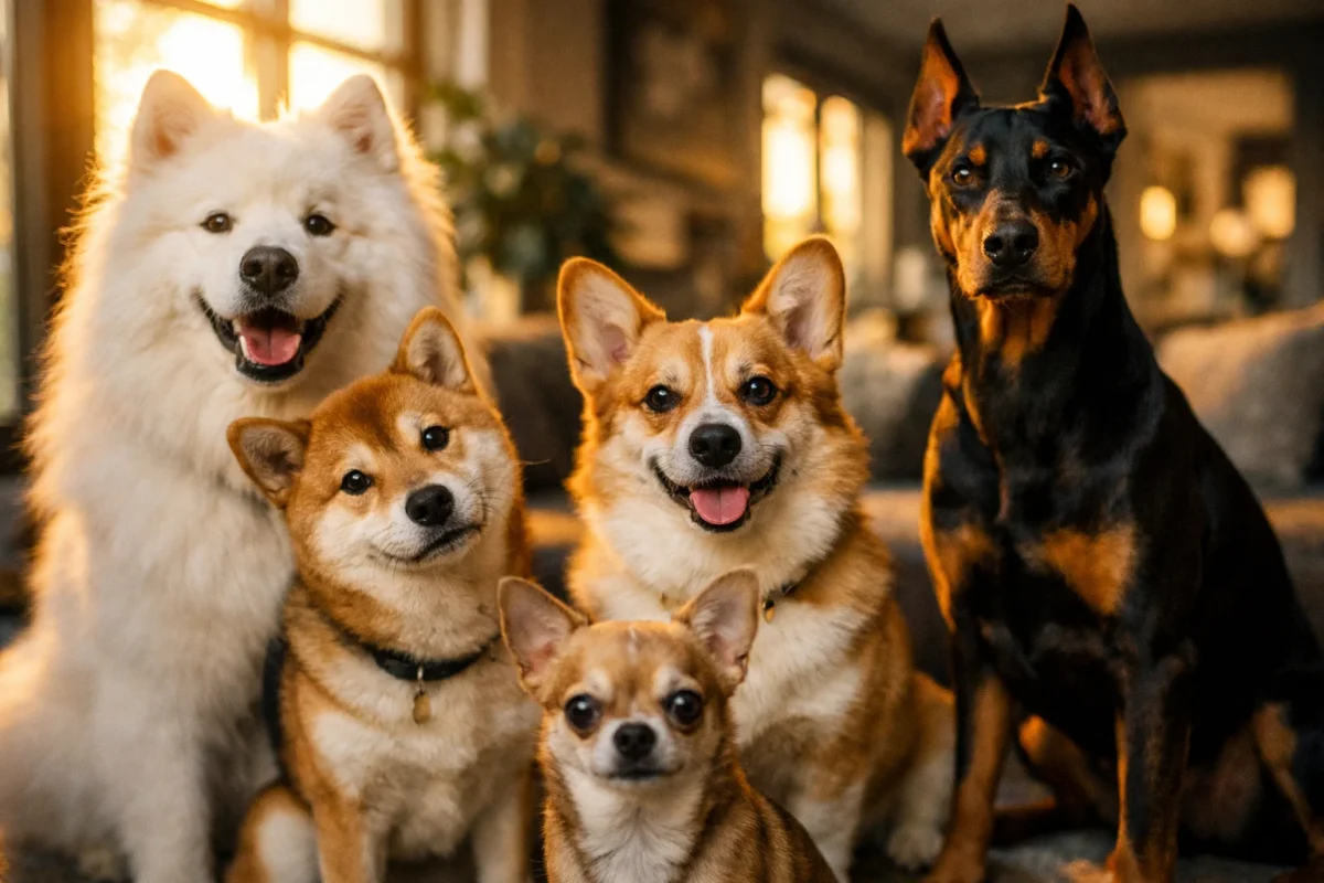 نژادهای مختلف سگ در یک خانه مدرن