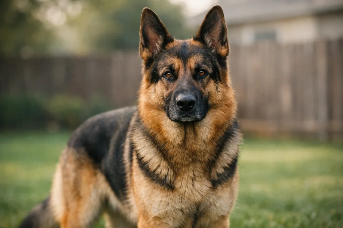 سگ ژرمن شپرد بالغ در حالت هوشیار و نگهبان در حیاط خانه