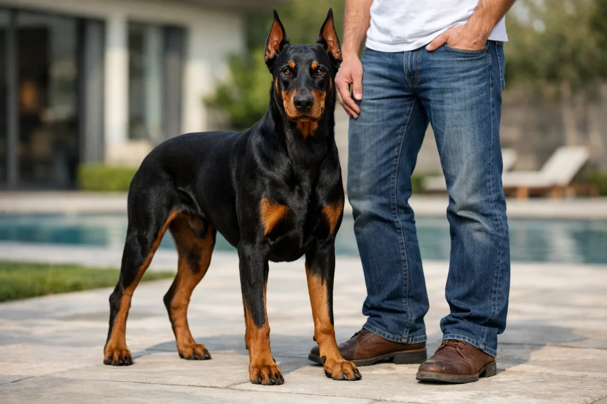 سگ دوبرمن ایستاده کنار صاحب خود