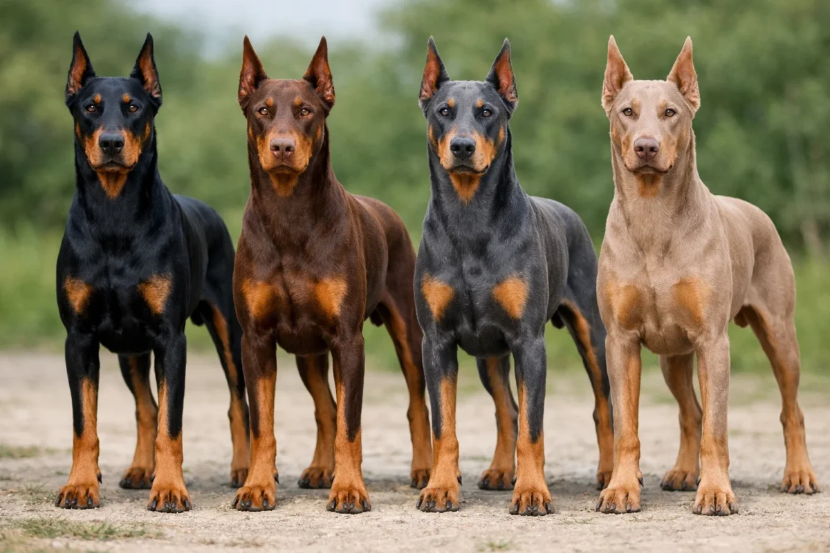 رنگ‌های استاندارد سگ دوبرمن شامل مشکی و قهوه‌ای، شکلاتی، آبی و حنایی با لکه‌های Rust