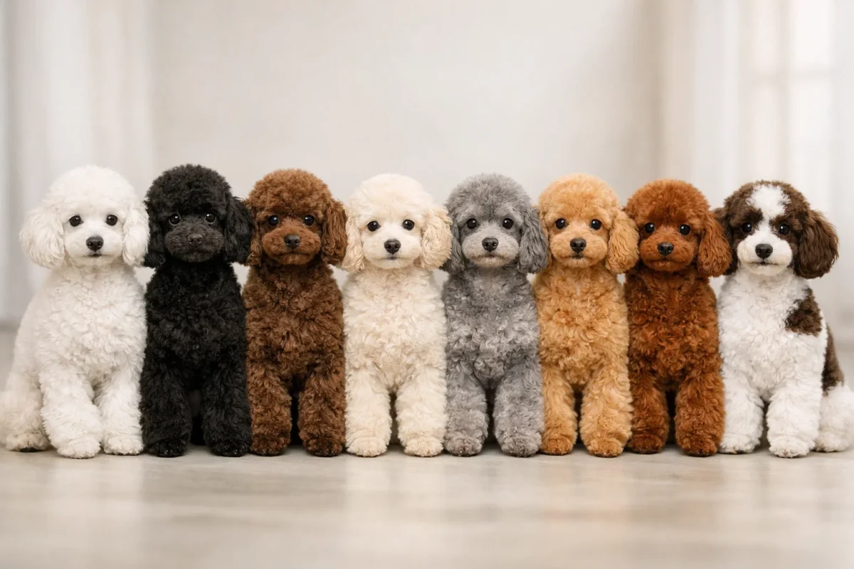 رنگ‌های مختلف سگ پودل شامل سفید، مشکی، قهوه‌ای، کرم، نقره‌ای، زردآلو، قرمز و دو رنگ