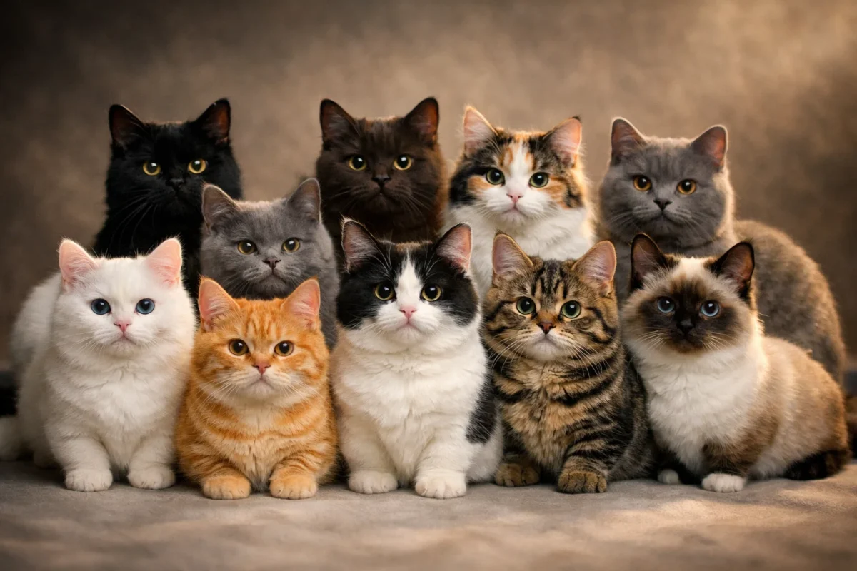 انواع رنگ‌های گربه مانچکین شامل سفید، مشکی، طوسی، نارنجی، کالیکو، تابی و پوینت در کنار هم