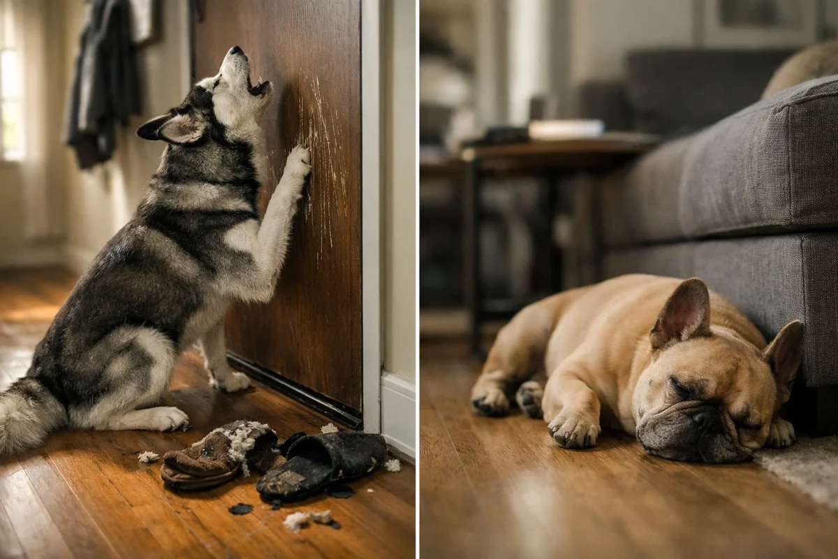سگ هاسکی مضطرب کنار در آپارتمان در حالی که بولداگ فرانسوی آرام تنها در خانه خوابیده — تفاوت تحمل تنهایی در سگ‌ها