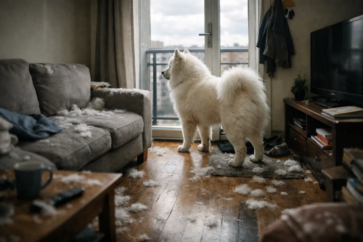 بی‌قراری سگ سامویید در آپارتمان کوچک