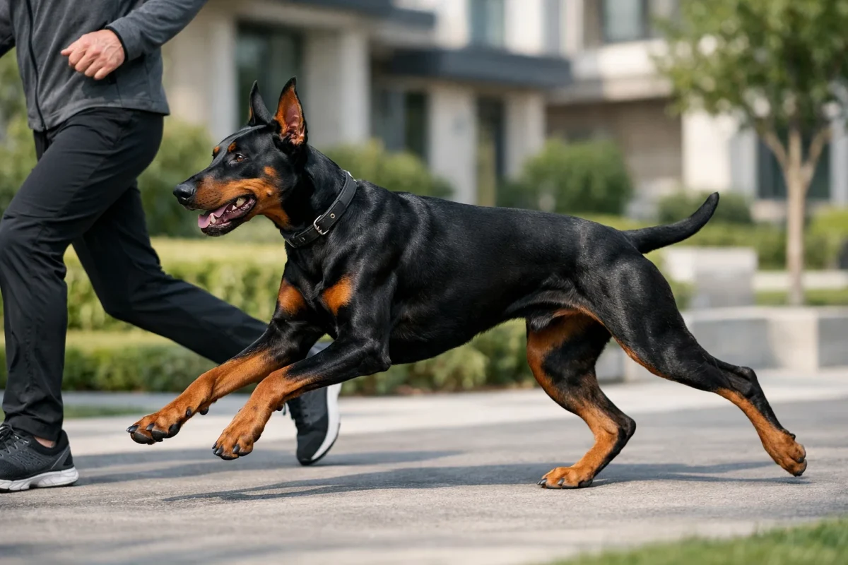 سگ دوبرمن در حال دویدن کنترلشده کنار صاحب