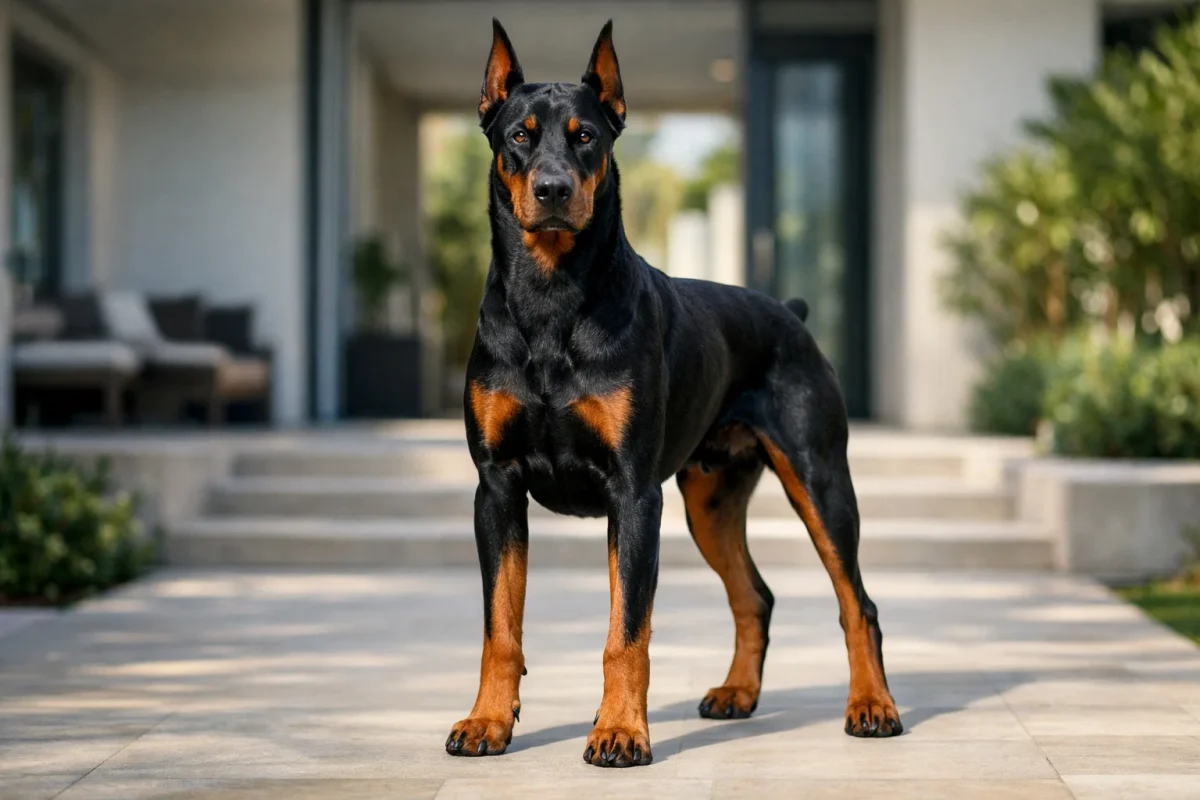 نمای کامل بدن سگ دوبرمن ایستاده مقابل خانه ویلایی