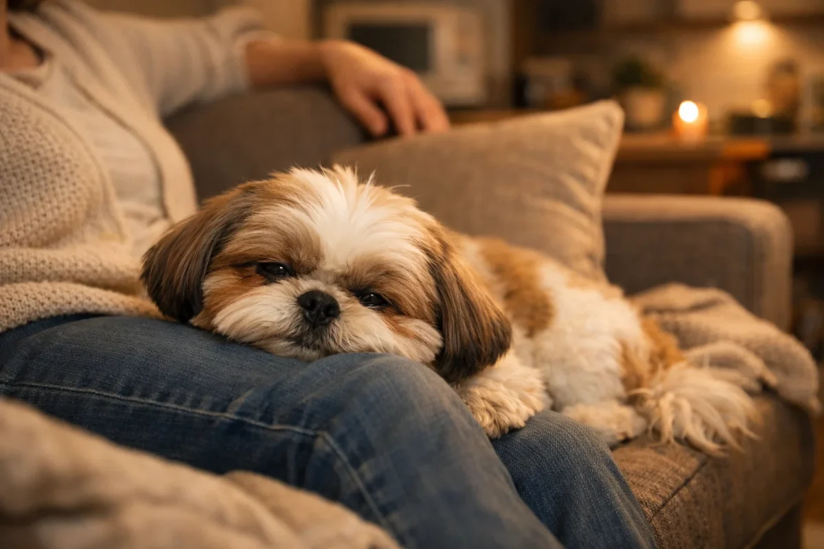 سگ شیتزو مناسب آپارتمان در حال استراحت کنار صاحب