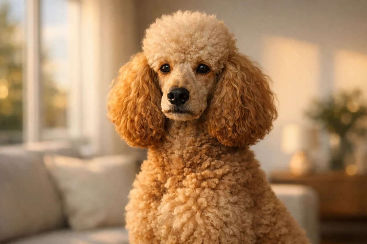 سگ پودل باهوش با پوشش موی فر در خانه آپارتمانی