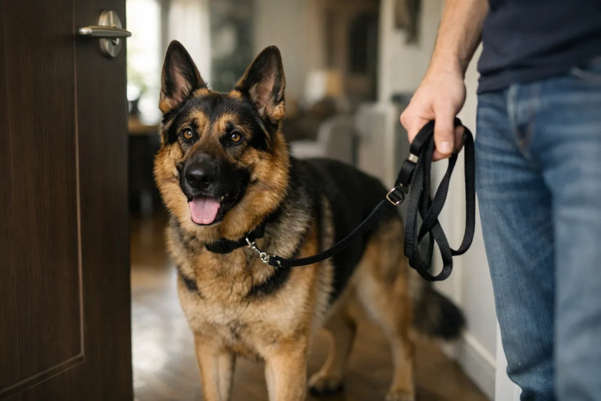 سگ ژرمن شپرد داخل آپارتمان آماده پیاده‌روی با صاحب
