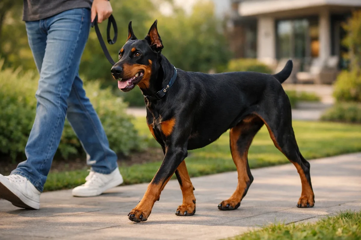 سگ دوبرمن سالم در حال پیادهروی کنار صاحب – افزایش طول عمر با مراقبت صحیح