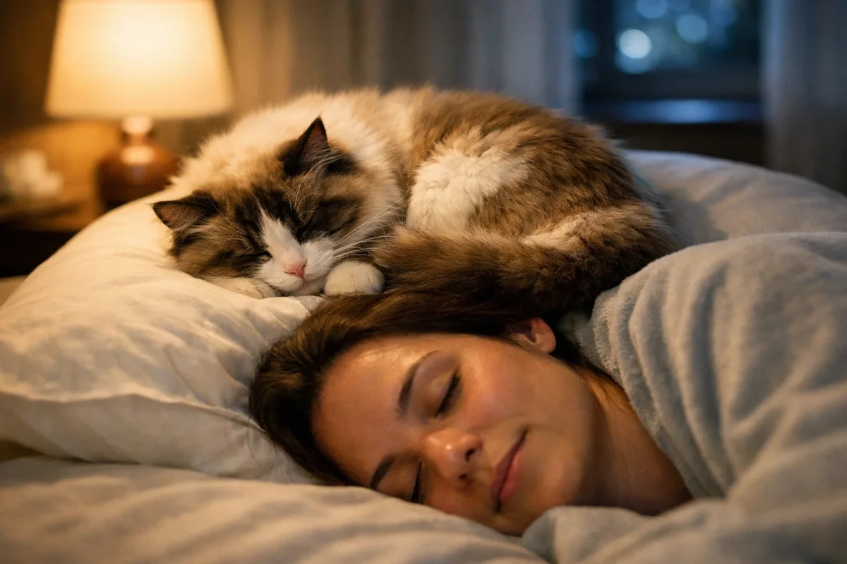 خوابیدن گربه بالای سر صاحبش نشانه اعتماد، احساس امنیت و علاقه عمیق به بوی آشنای اوست.