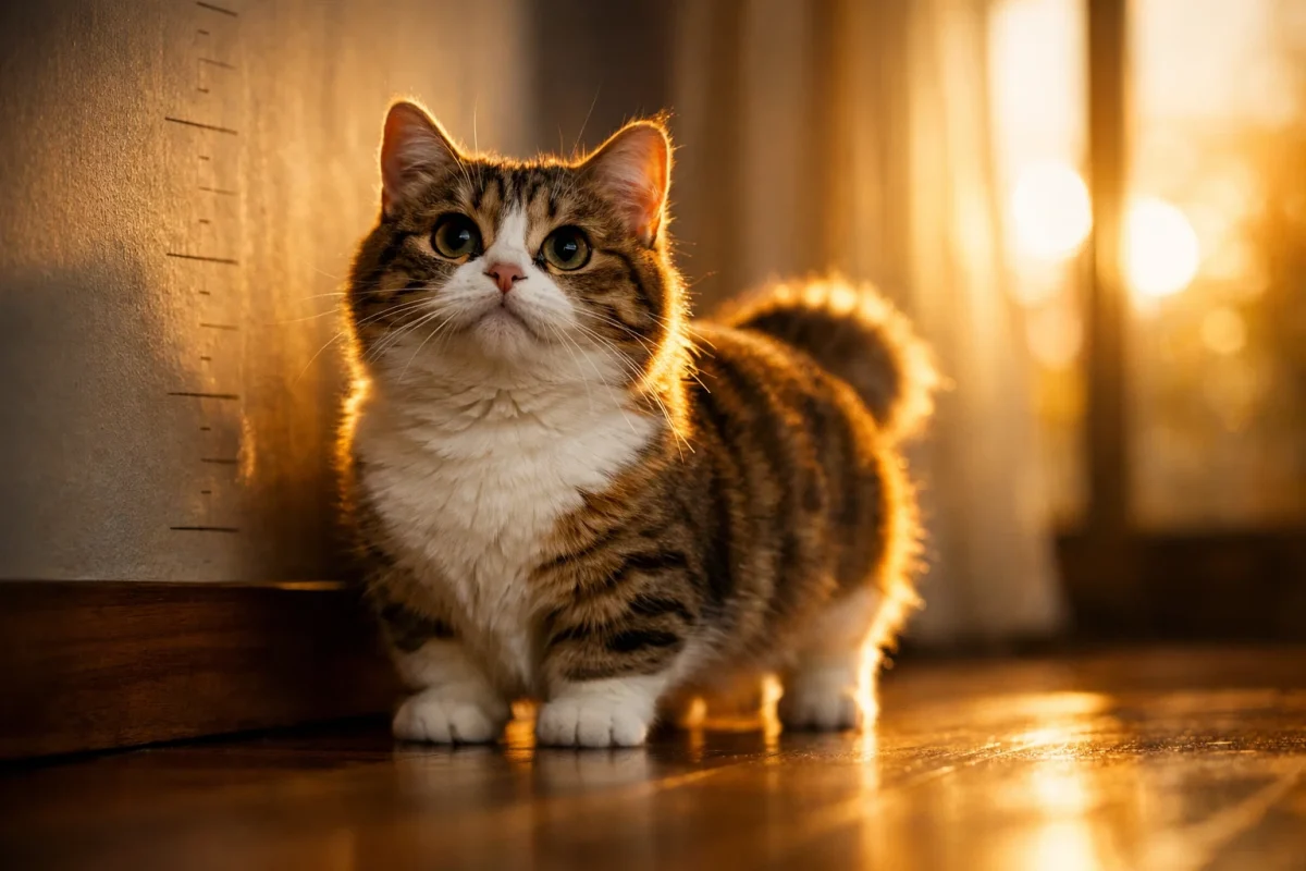 قد و اندازه گربه مانچکین با پاهای کوتاه در مقایسه با ارتفاع استاندارد، نمایش محدوده 18 تا 25 سانتیمتر تا شانه