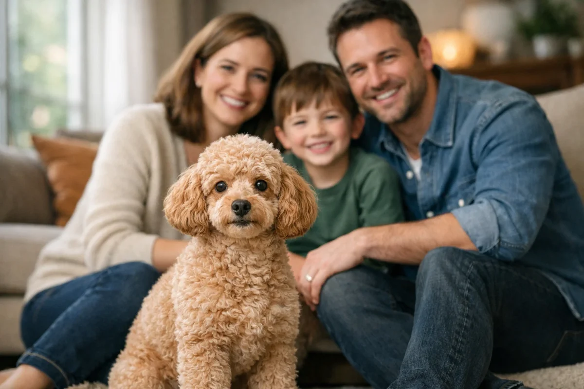 سگ پودل مینیاتوری در کنار خانواده در فضای خانه