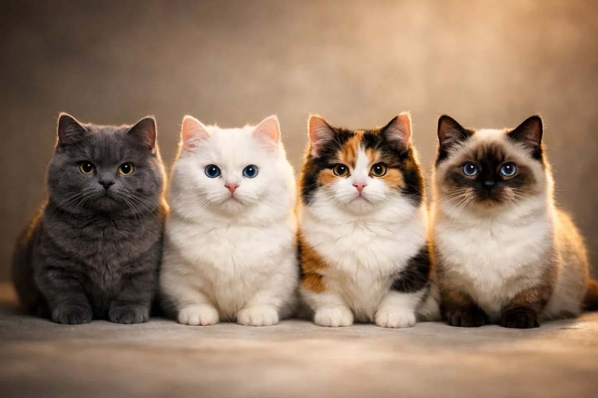 محبوب‌ترین رنگ‌های گربه مانچکین شامل طوسی، سفید، کالیکو و پوینت در کنار هم