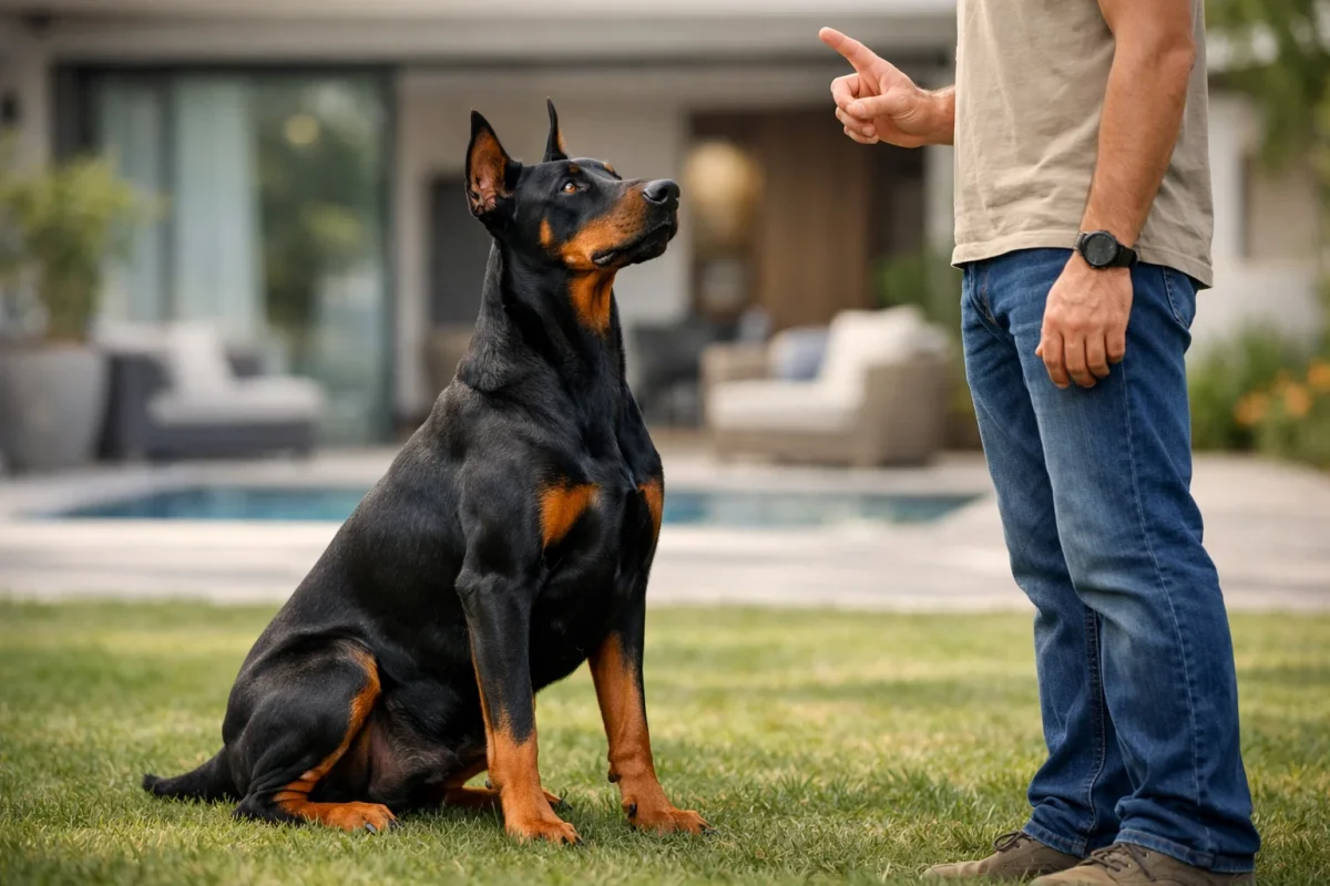 سگ دوبرمن در حال آموزش کنار صاحب خود