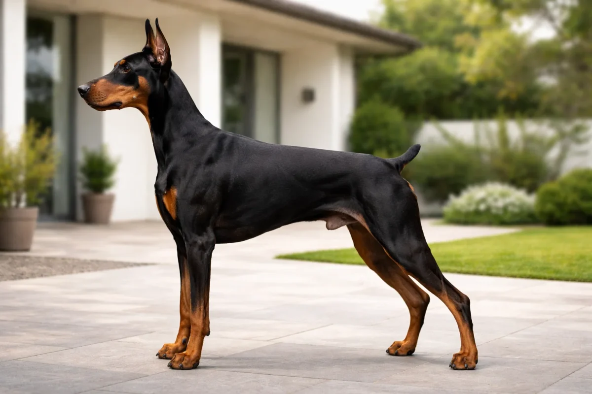 نمای کامل بدن سگ دوبرمن در حالت استاندارد ایستادن – مشخصات فیزیکی نژاد Doberman