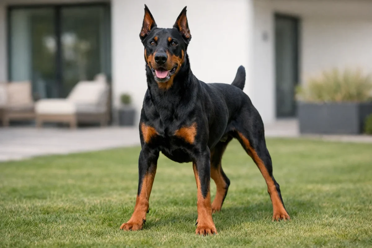 سگ دوبرمن پرانرژی در حیاط خانه