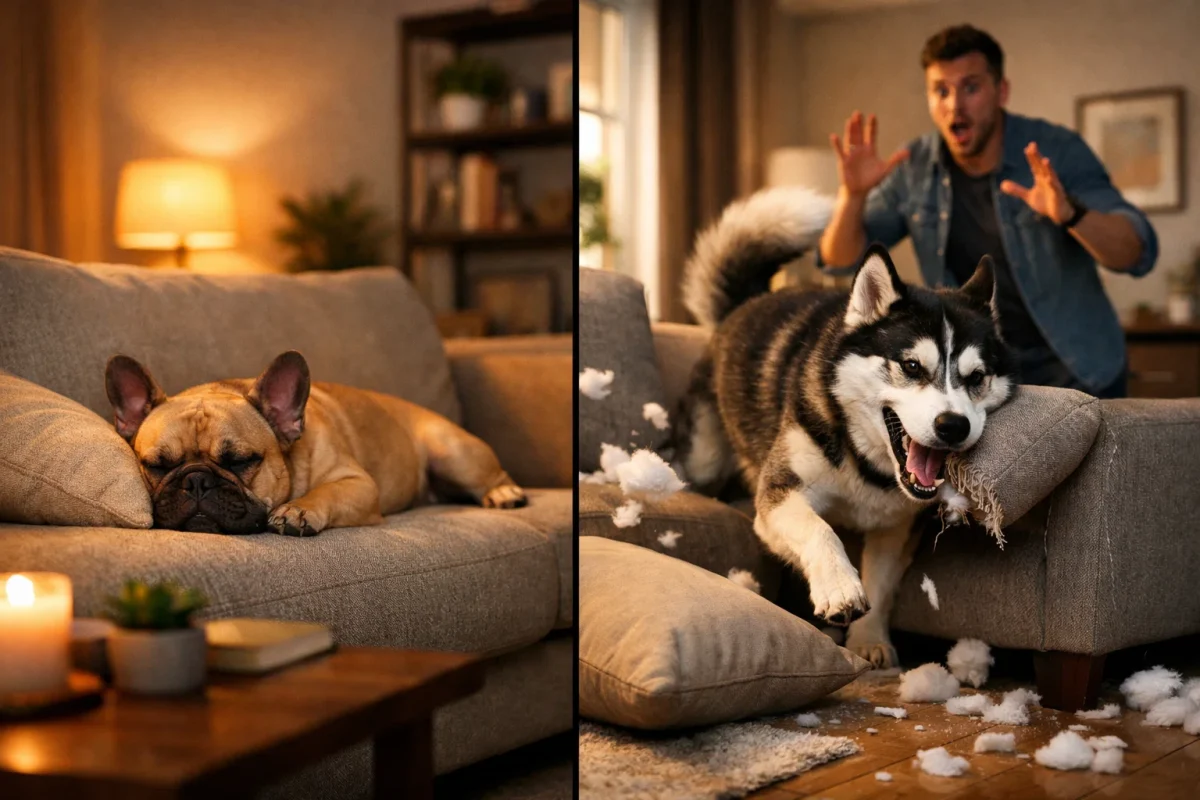 تفاوت سگ پرانرژی و کم‌انرژی در آپارتمان؛ خرابکاری هاسکی و آرام بودن بولداگ فرانسوی