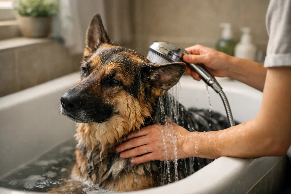 حمام کردن سگ ژرمن شپرد در خانه