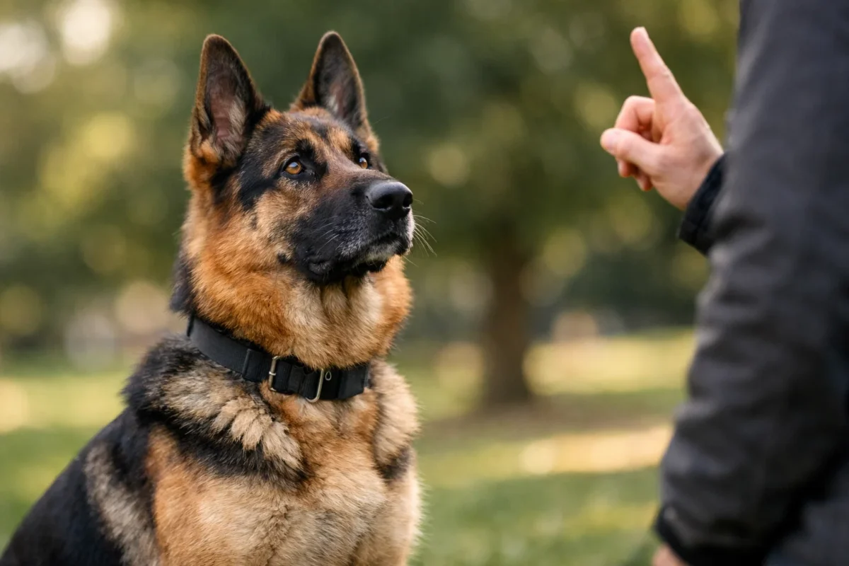 سگ ژرمن شپرد در حال اجرای فرمان آموزشی و تمرکز روی مربی