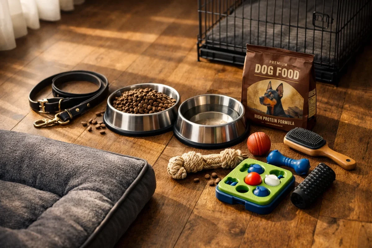 وسایل ضروری برای نگهداری سگ دوبرمن شامل قلاده مقاوم، غذای مخصوص و اسباببازی فکری