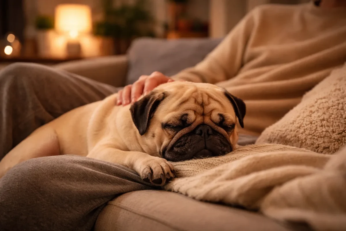 سگ پاگ آرام در حال استراحت روی مبل مناسب زندگی آپارتمانی