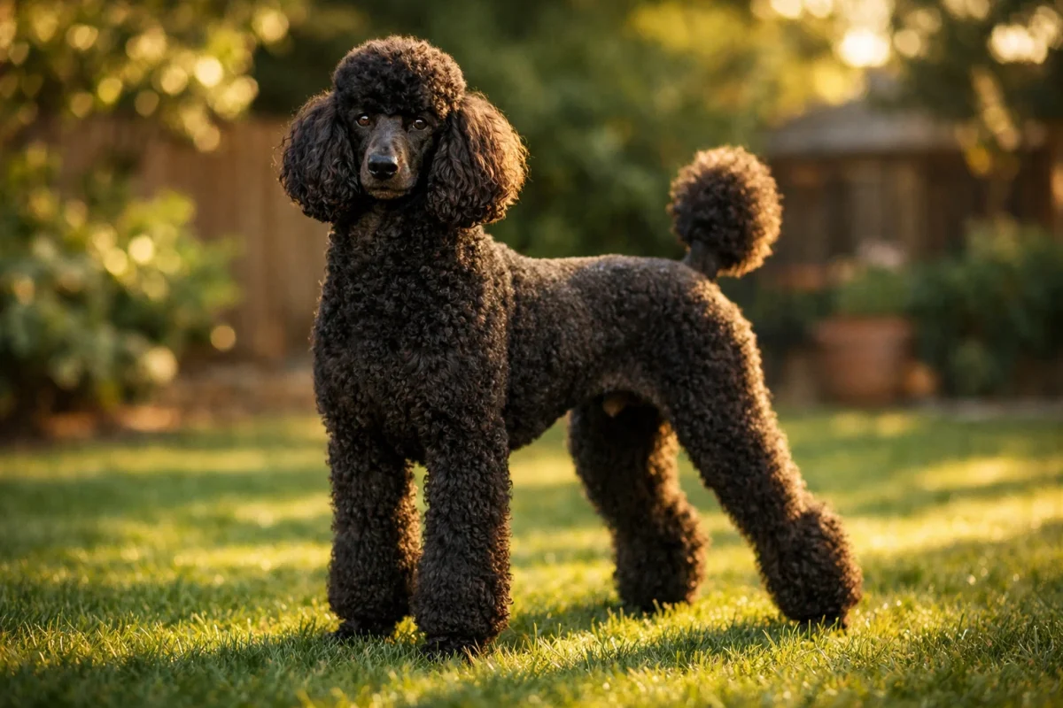 سگ پودل استاندارد بزرگ در حیاط خانه با حالت ایستاده و باوقار