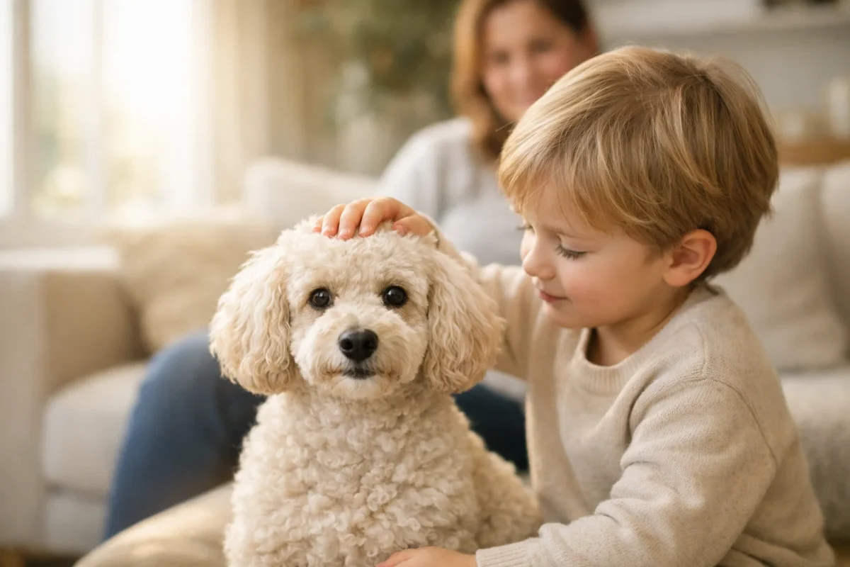 سگ پودل در کنار کودک در فضای خانه