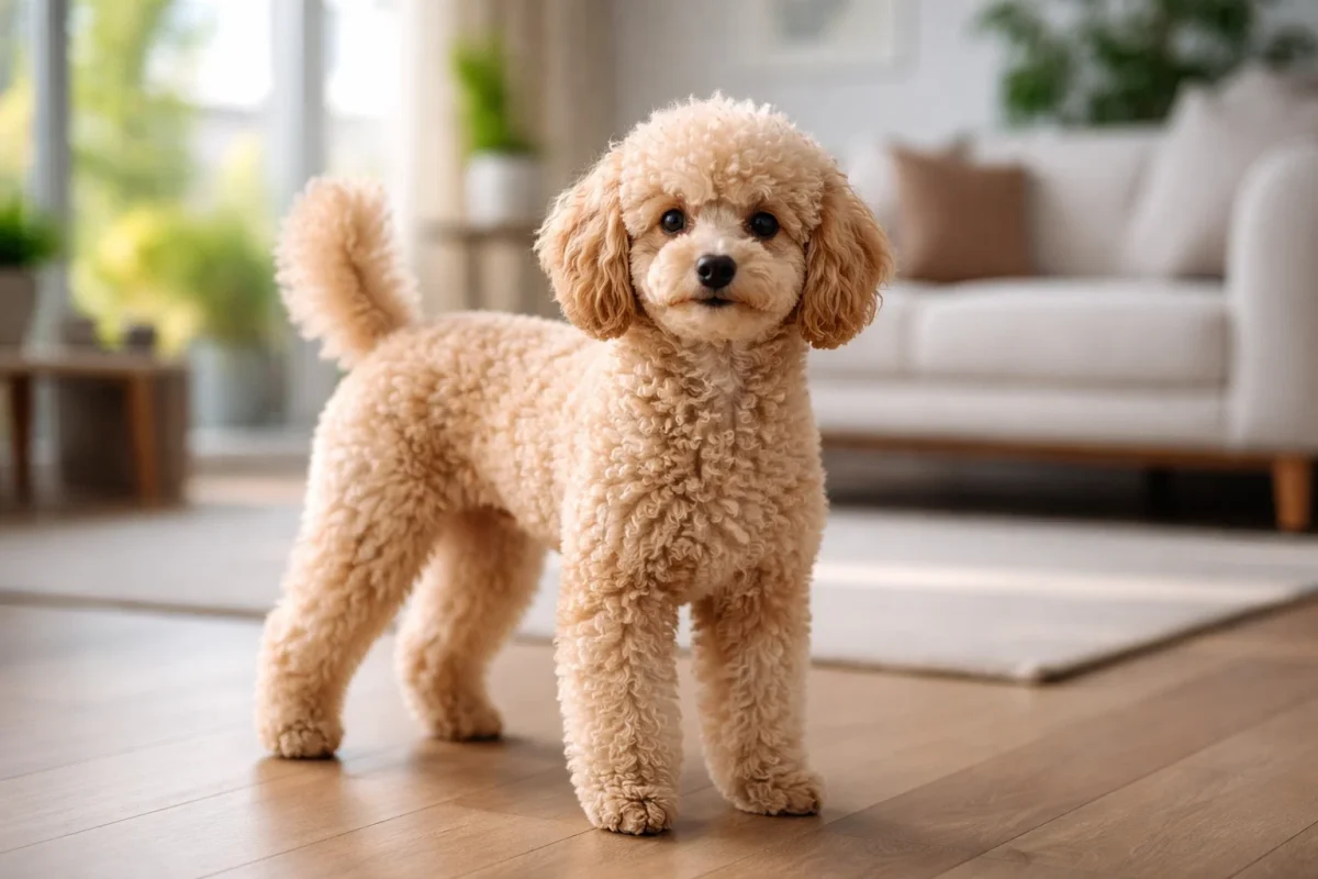 سگ پودل مینیاتوری با موهای فر در فضای آپارتمان