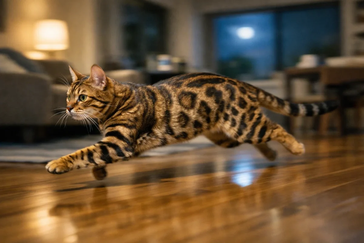 دویدن‌های ناگهانی گربه معمولاً راهی برای تخلیه انرژی ذخیره‌شده، به‌خصوص در ساعات آرام شب است.