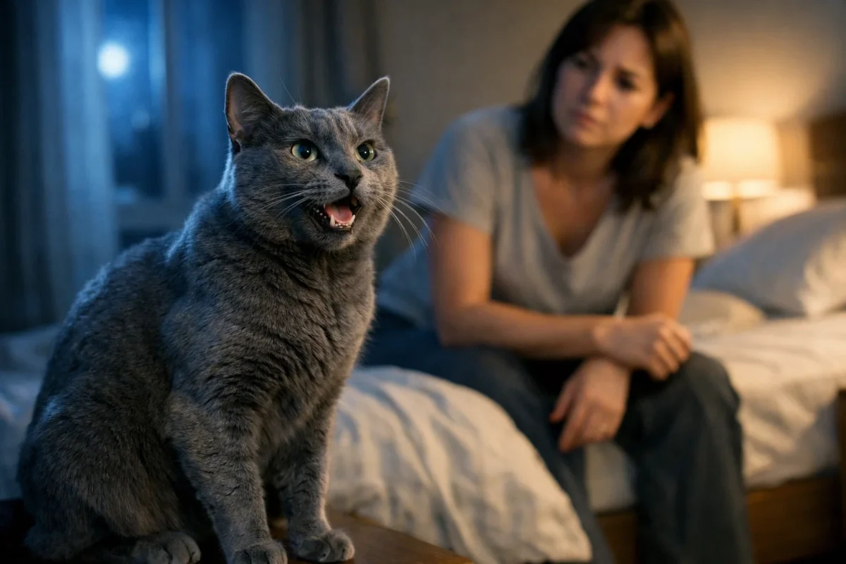میو میوی شبانه‌ای که ناگهانی شروع شود یا با تغییر رفتار همراه باشد، می‌تواند نشانه یک مشکل جسمی یا استرسی باشد.