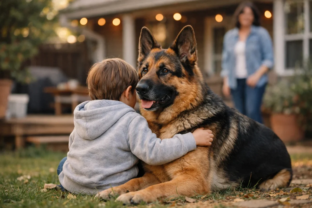 سگ ژرمن شپرد مهربان در کنار کودک با نظارت خانواده