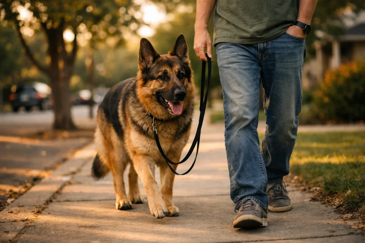 پیاده‌روی روزانه با سگ ژرمن شپرد همراه صاحب در محله مسکونی
