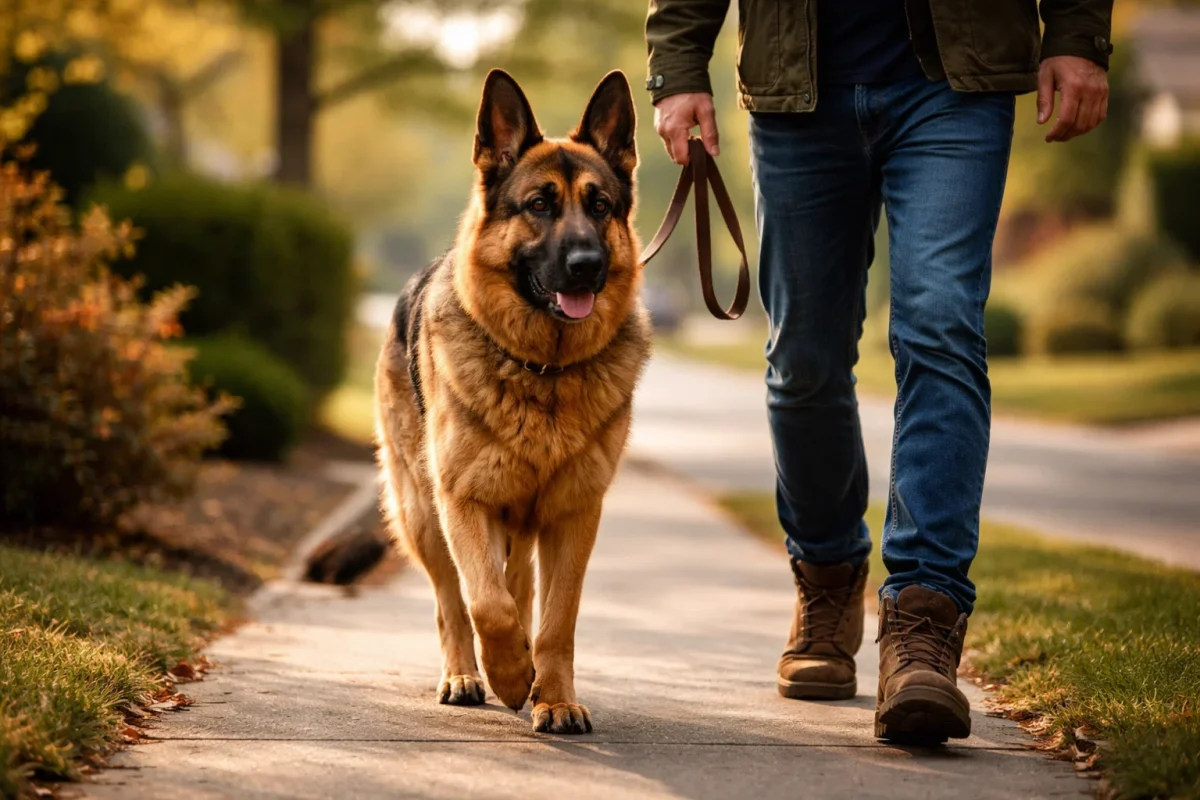 ژرمن شپرد همراه صاحب در حالت مراقب و نگهبان