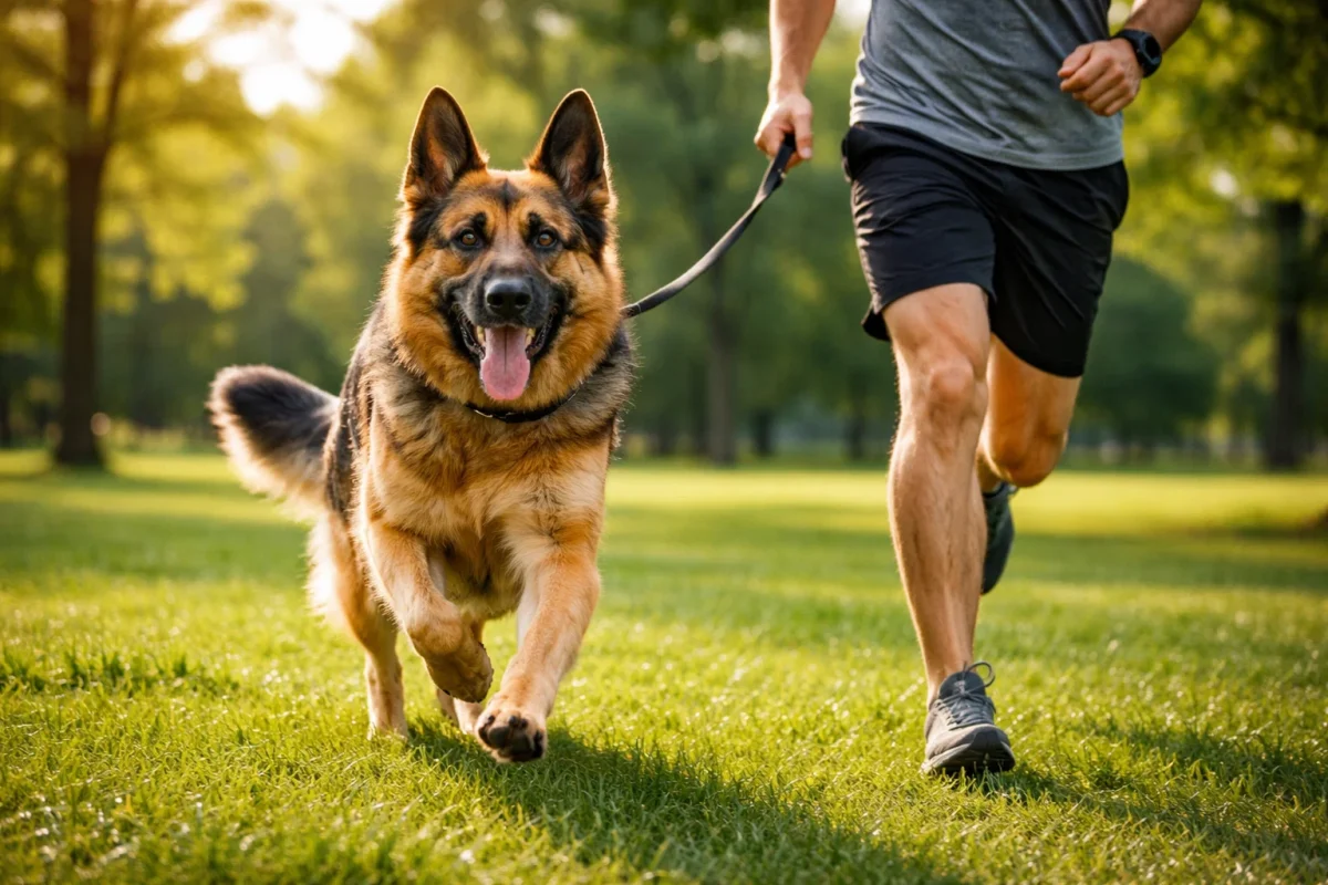 پیاده‌روی و دویدن روزانه با سگ ژرمن شپرد در پارک