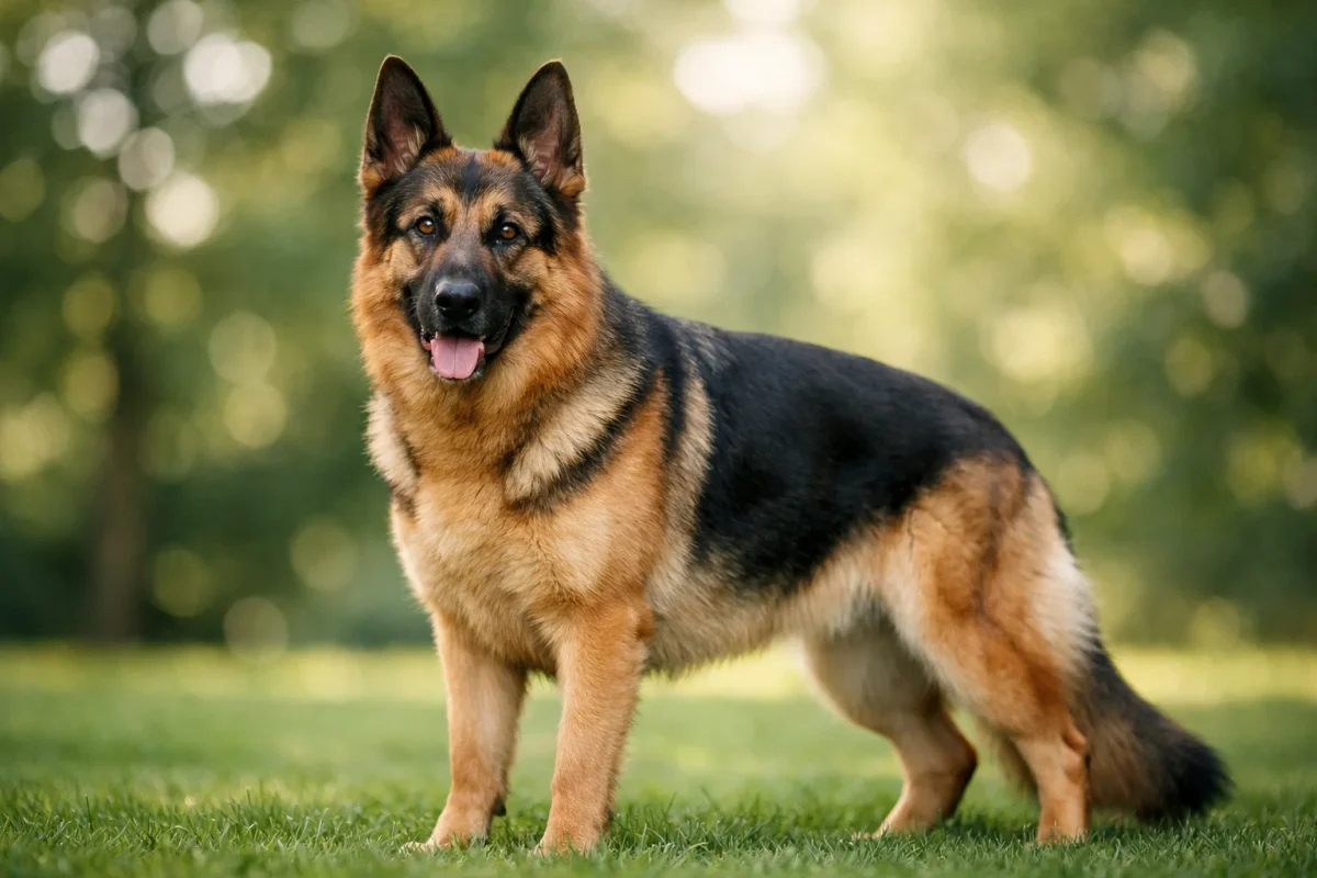 ژرمن شپرد شولاین با ظاهر استاندارد و آرام در فضای پارک