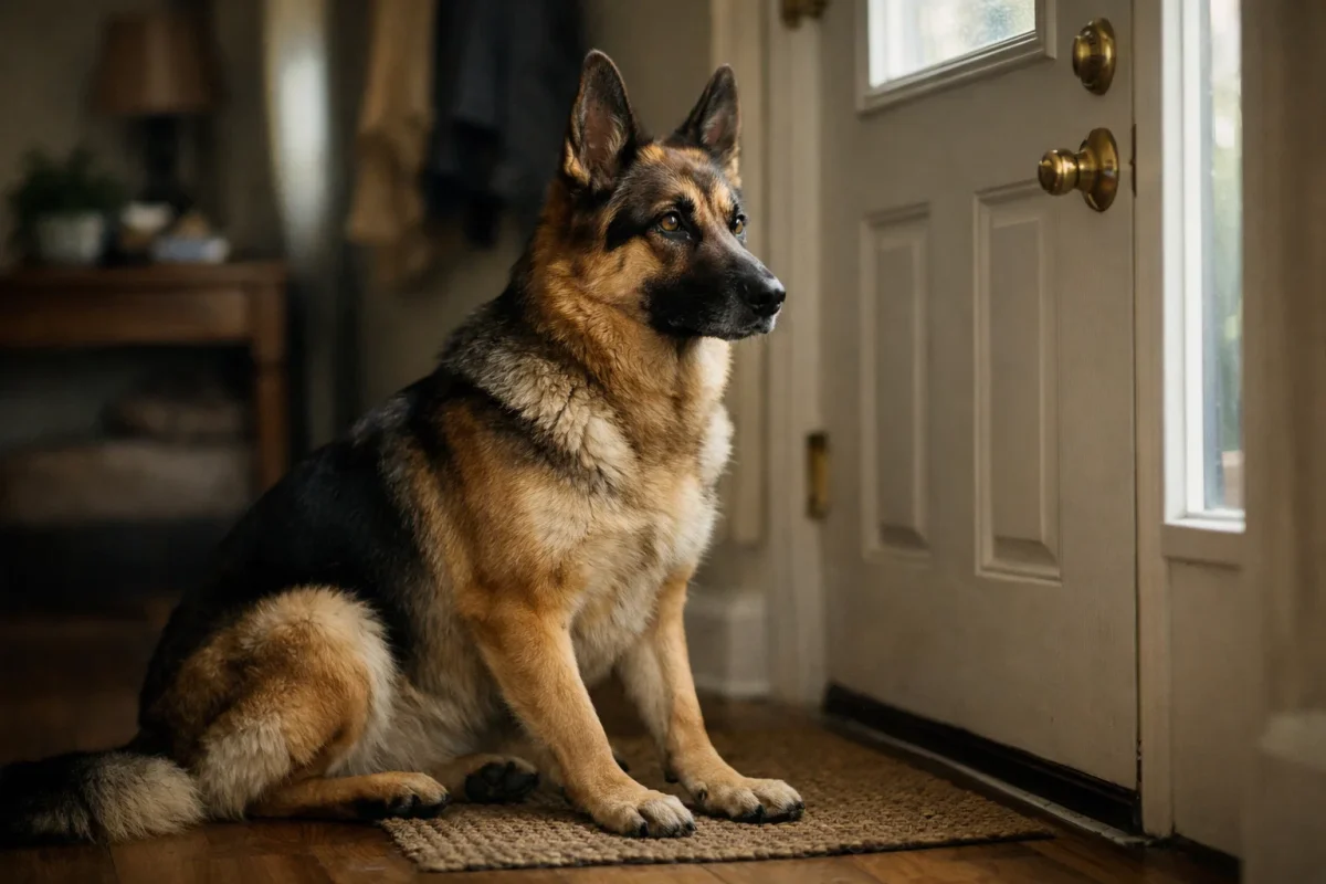 سگ ژرمن شپرد منتظر صاحب کنار در خانه