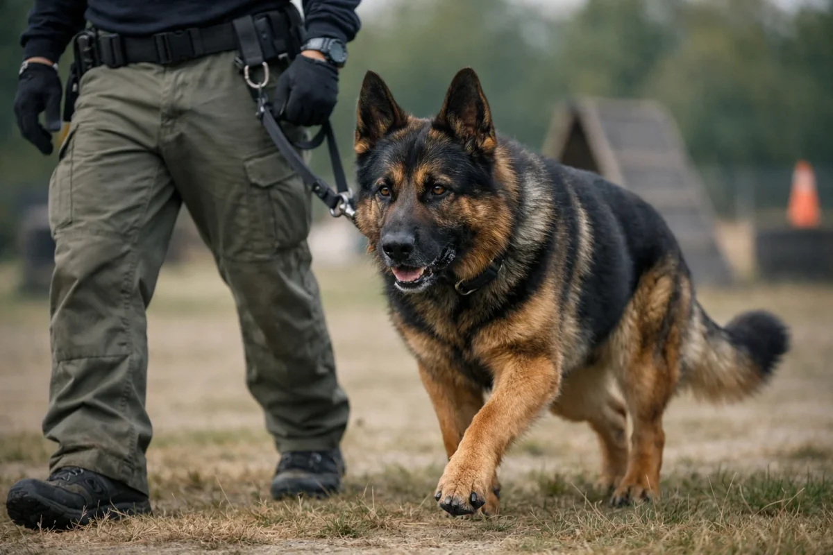 ژرمن شپرد لاین چک در حال گشت‌زنی آموزشی با مربی