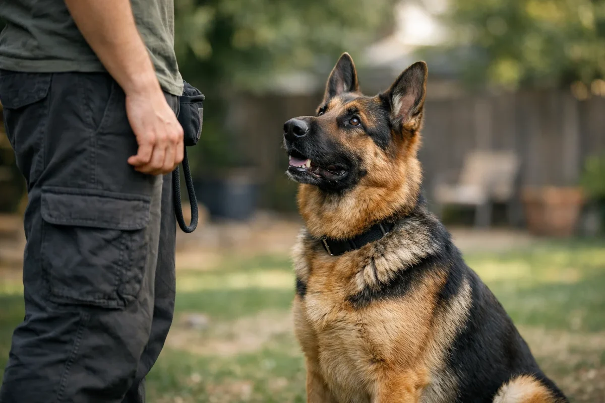 سگ ژرمن شپرد آموزش‌دیده در حال اجرای فرمان کنار صاحب