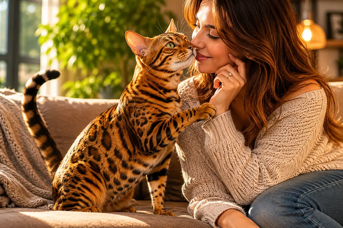 گربه بنگال در کنار صاحب خود روی مبل با رفتار اجتماعی و صمیمی
