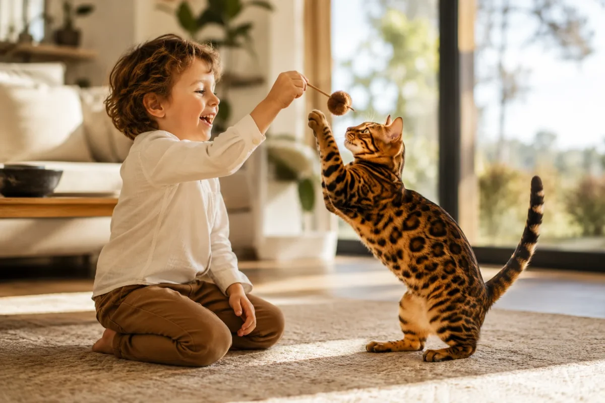 گربه بنگال در حال بازی با کودک در خانه | رفتار Bengal Cat با کودکان و خانواده