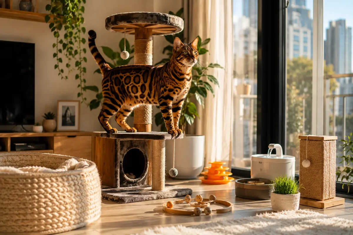 شرایط نگهداری گربه بنگال در آپارتمان | محیط مناسب برای Bengal Cat با درخت گربه و اسباببازی تعاملی